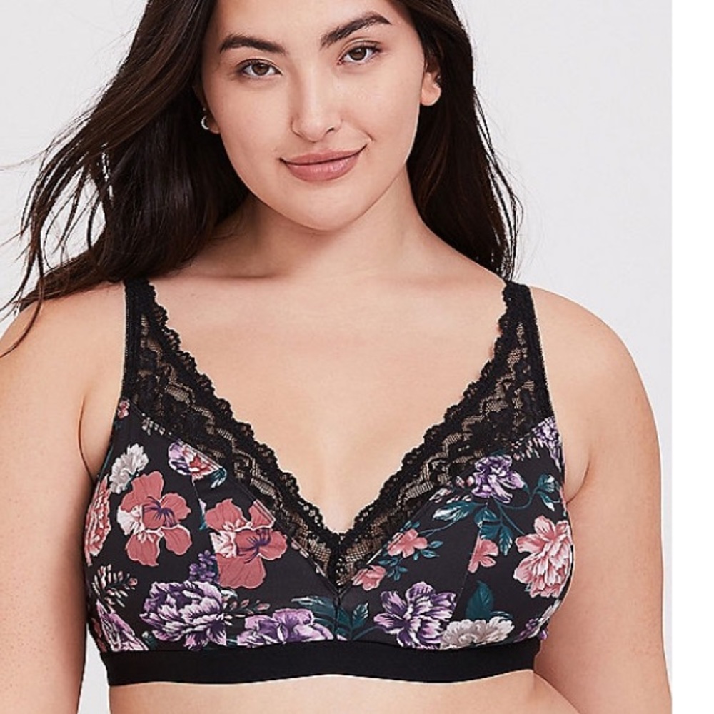 TORRID BLACK FLORAL MICROFIBER & LACE BRALETTE